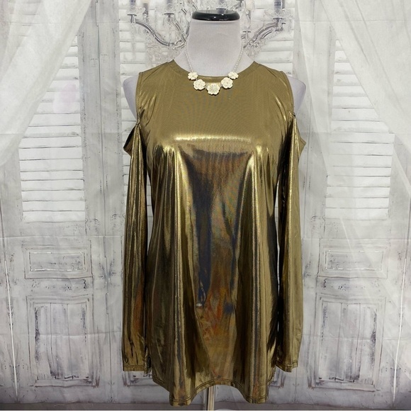Michael Kors Gold Black Long Sleeve Cold Shoulder Shirt Long Sleeve Blouse Foil - Picture 2 of 12